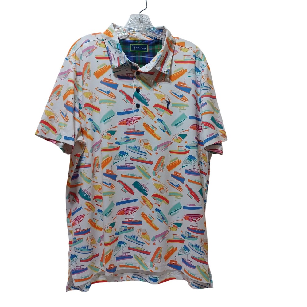 William Murray Mens L Boat Jam Golf Polo White Nautical Boat Print Stretch